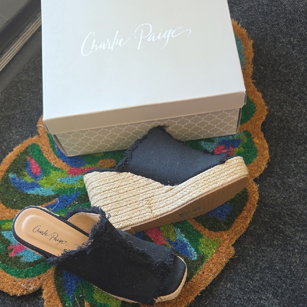 Charlie Paige Black Espadrille Slide Shoes